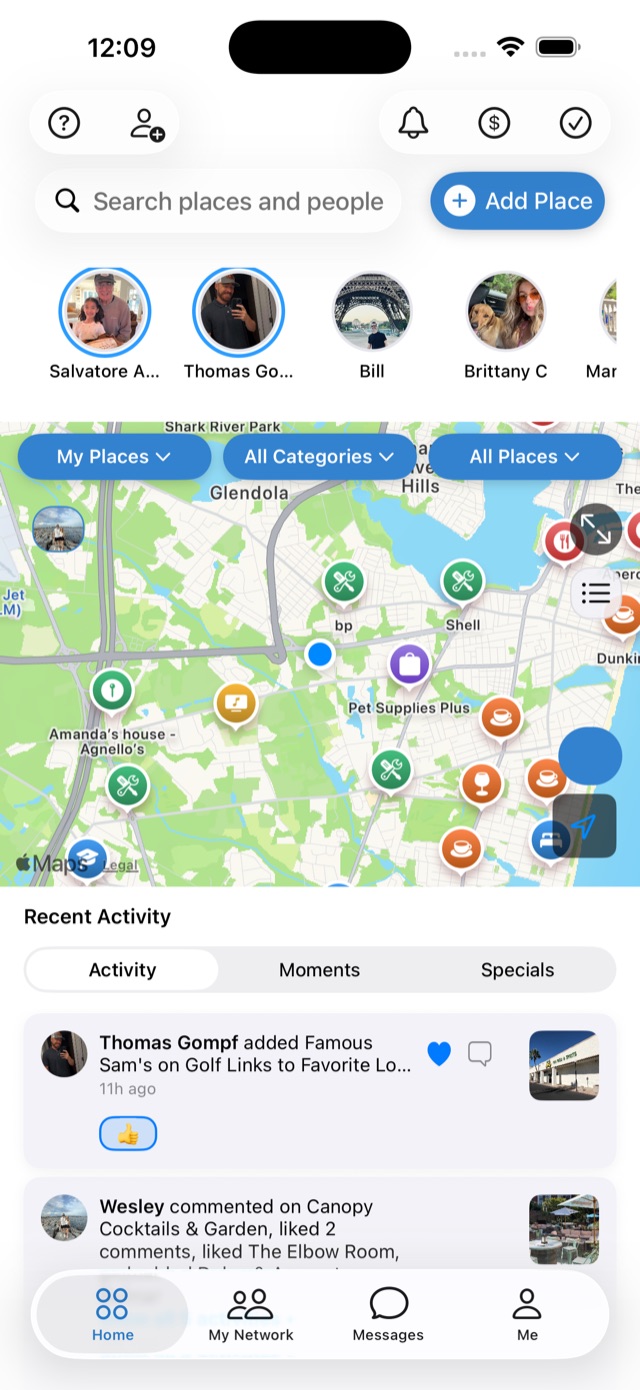 FavCircles home screen: a map of your saved places, your people, and the activity feed