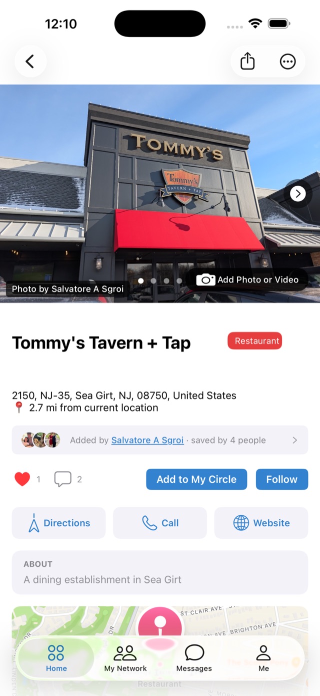 A place page with photo, saved-by row, likes, and Add to My Circle button
