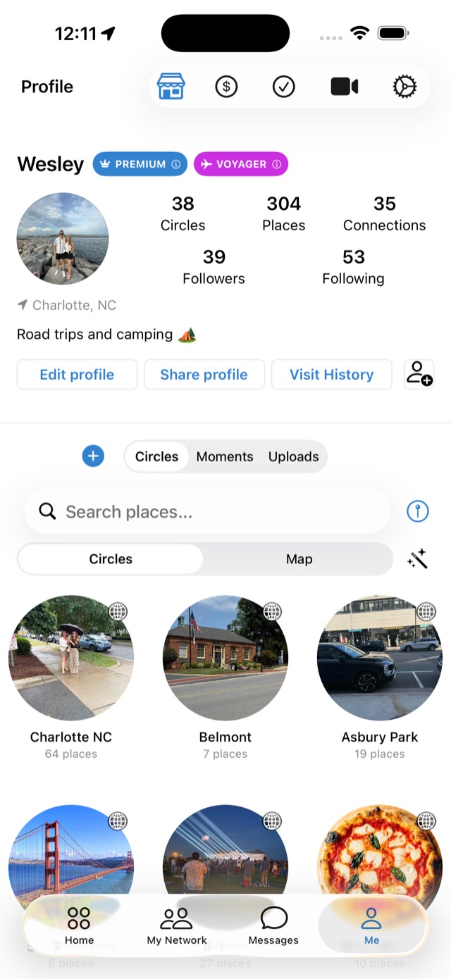 A FavCircles profile with Premium and Voyager badges and photo circles