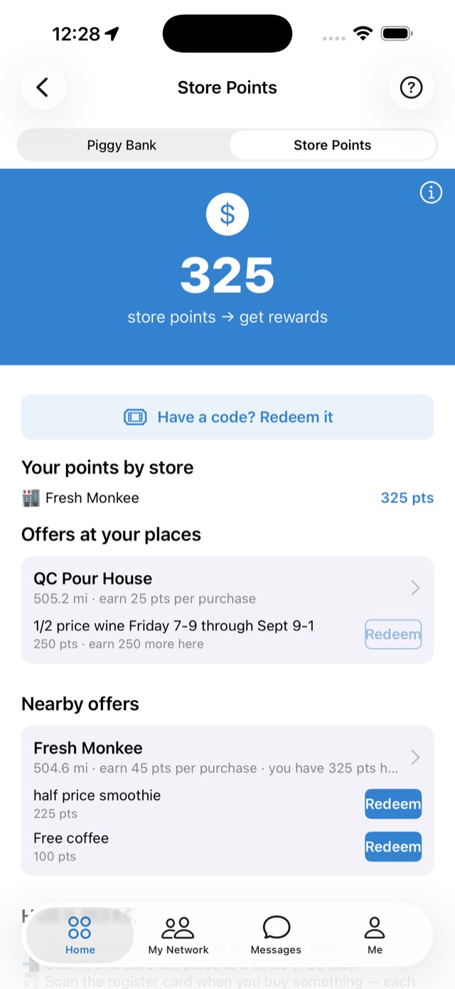 The Store Points screen: 325 points, points by store, and nearby offers like a free coffee and half-price smoothie with Redeem buttons